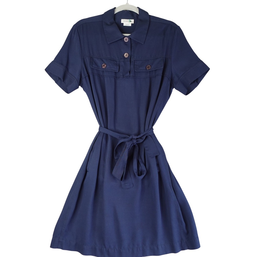 Lacoste Womens Shirt Dress 46 Navy Blue Short Sleeve Belted Button Up Tennis‎